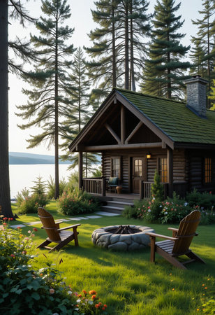 A rustic log cabin sits by a serene lake, surrounded by pine trees, with two Adirondack chairs and a fire pit in the yard.の素材