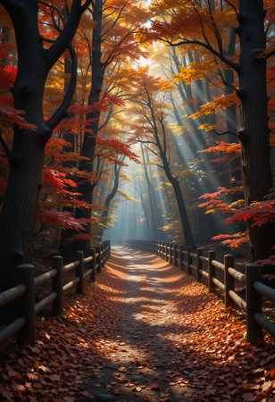 A sun-dappled forest path in autumn, lined with trees ablaze in fall colors and covered in fallen leaves.の素材