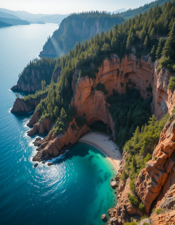 A breathtaking aerial view of a hidden cove nestled between dramatic red-rock cliffs and lush green trees, with vibrant turquoise water.の素材