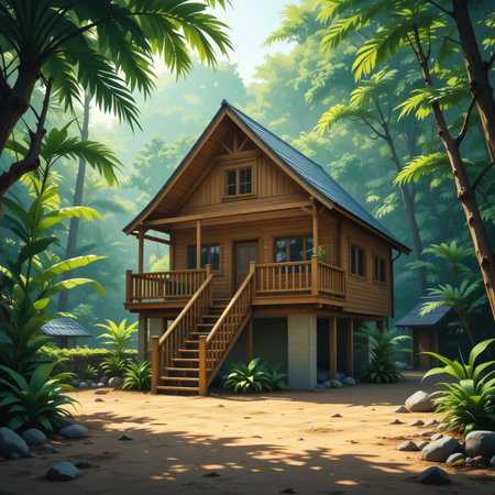 A charming wooden cabin with a porch and stairs is surrounded by dense, vibrant green foliage and tall trees.の素材