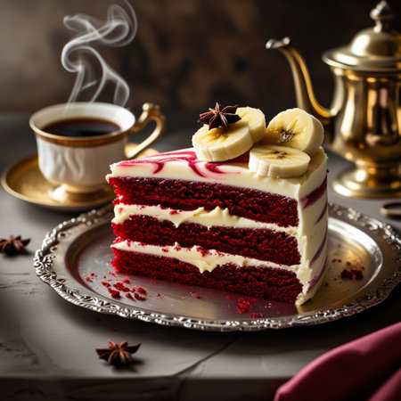 A rich slice of red velvet cake with cream cheese frosting, served with steaming coffee and a vintage teapot.の素材