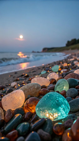 Smooth, colorful sea glass pieces illuminated by moonlight on a serene beach with gentle waves.の素材
