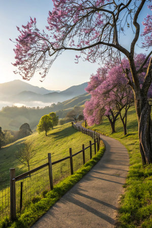 A picturesque country road winds through rolling hills, bordered by a wooden fence and trees in full pink bloom.の素材