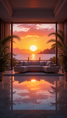 A modern living room with comfortable seating overlooks a breathtaking ocean sunset, reflected in a polished floor.の素材
