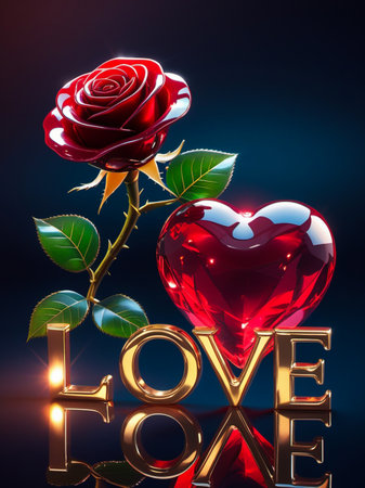 A vibrant red rose and a sparkling heart sit beside golden 'LOVE' letters, creating a romantic and luxurious display.の素材