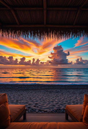 A breathtaking sunset paints the sky with fiery colors over a calm ocean, viewed from a cozy beach hut.の素材