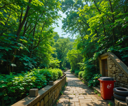 A stone pathway winds through a vibrant, sun-dappled forest filled with dense green foliage and a small stone building.の素材
