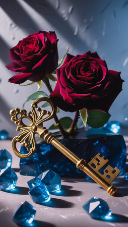 A vintage ornate key rests among deep red roses and scattered blue petals with dramatic lighting.の素材