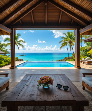 Luxurious open-air pavilion with a rustic wooden table overlooking a stunning infinity pool and turquoise ocean.の素材