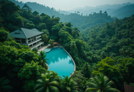 An aerial view showcases a serene resort pool and building surrounded by dense, vibrant green tropical jungle and rolling hills.の素材