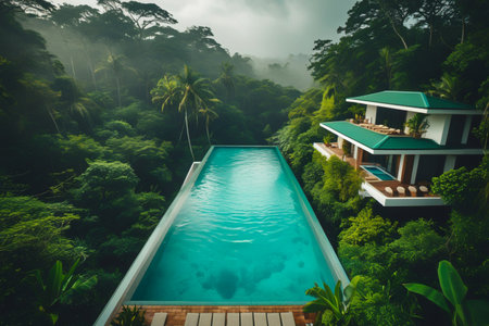 An aerial view of a stunning infinity pool and modern resort buildings surrounded by dense, misty jungle foliage.の素材