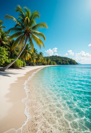 A pristine white sand beach lined with lush palm trees meets the crystal clear turquoise ocean under a bright blue sky.の素材