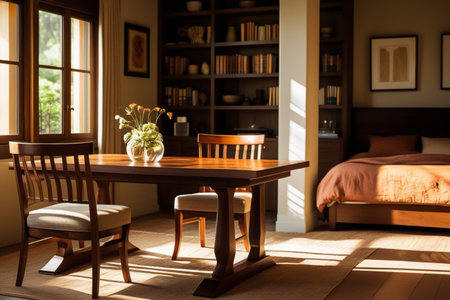 Warm sunlight streams into a cozy bedroom corner, illuminating a small dining table, chairs, and abundant bookshelves.の素材