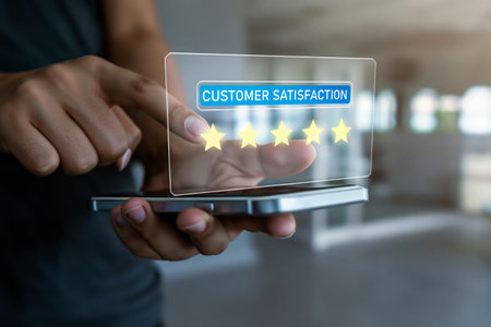 Customer satisfaction rating with five stars on a futuristic digital displayの素材