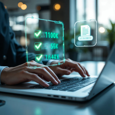 Business professional using laptop with digital checklist and document iconsの素材