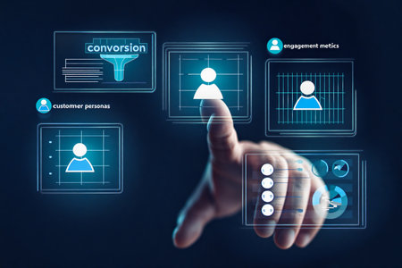 Human finger interacting with futuristic digital interface and data visualizationの素材