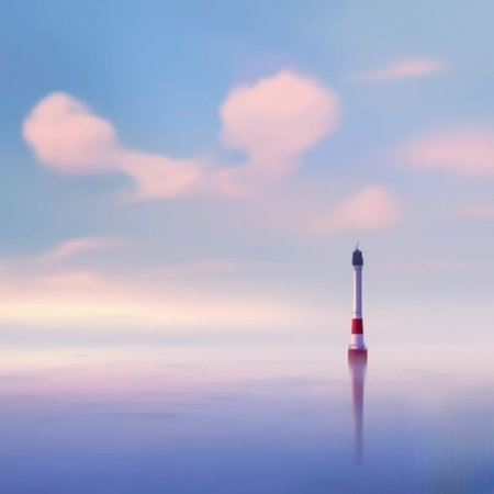 Serene sunset over calm water with distant lighthouseの素材
