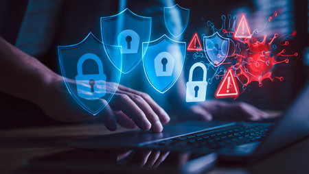 Hacker typing on laptop with glowing digital security shields and warning iconsの素材