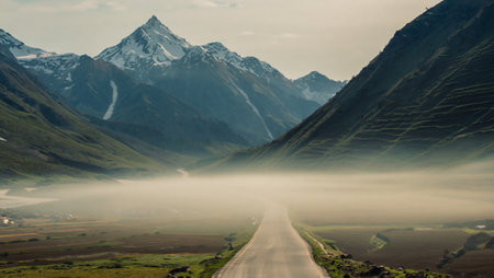 Misty mountain road leading towards majestic peaksの素材