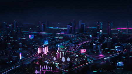 Futuristic cityscape at night with neon lights and reflectionsの素材