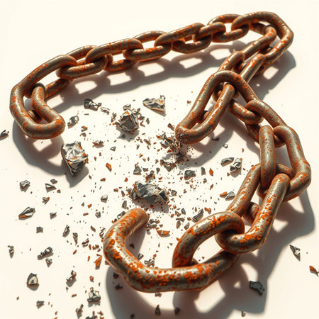 Broken rusty metal chain lying on white surface with debrisの素材