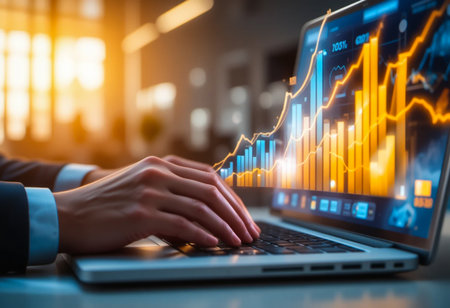 Hands typing on laptop displaying stock market trading chart with rising graphの素材