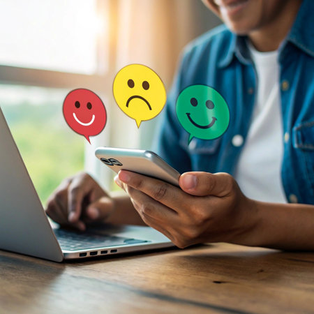 Customer feedback with happy neutral and sad emojis on phone screenの素材