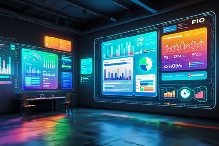 Futuristic control room with multiple screens displaying data and chartsの素材