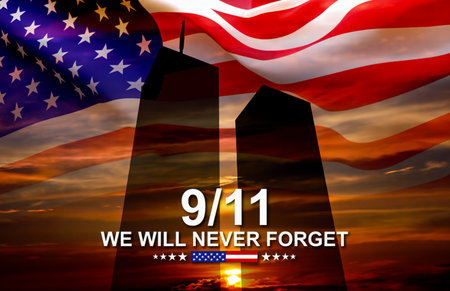 9 11 memorial with american flag and sunsetの素材
