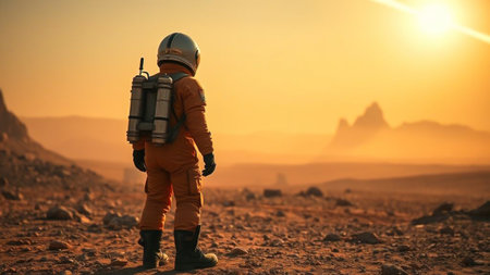 Astronaut stands on mars looking at alien landscape at sunsetの素材