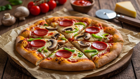 Delicious pepperoni and vegetable pizza ready to eatの素材