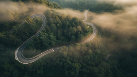 Aerial view of a winding road through a misty forest at sunriseの素材