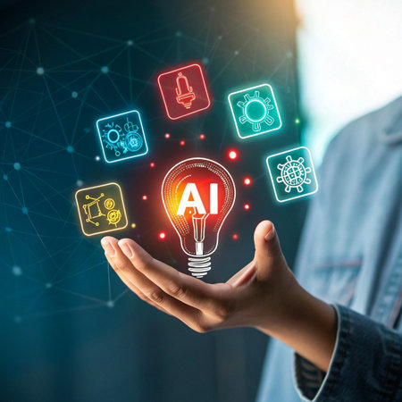 Hand holding glowing ai lightbulb with digital icons representing innovationの素材