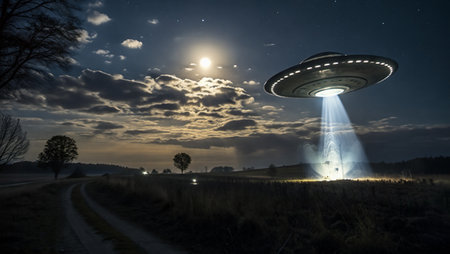 Alien spacecraft descends with bright beam of light onto rural landscapeの素材