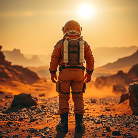 Astronaut standing on mars looking at the sun during sunsetの素材