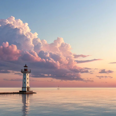 Lighthouse standing tall against a dramatic sunset sky over calm waterの素材