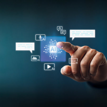 Hand interacting with ai interface and digital communication iconsの素材