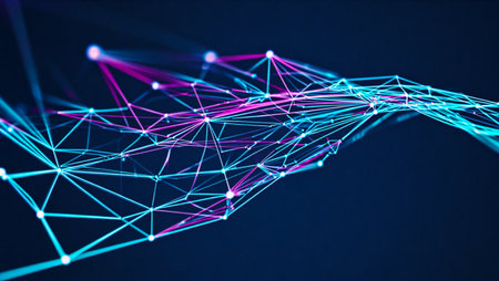 Abstract glowing network of interconnected nodes and lines in blue and pinkの素材