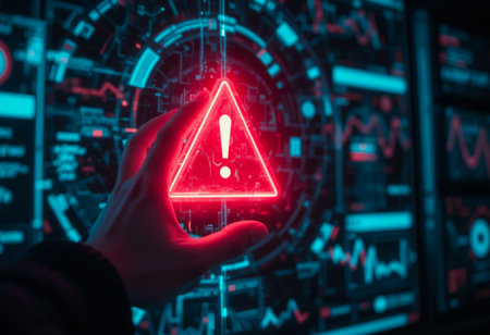 Hand holding glowing red warning sign in futuristic digital interfaceの素材