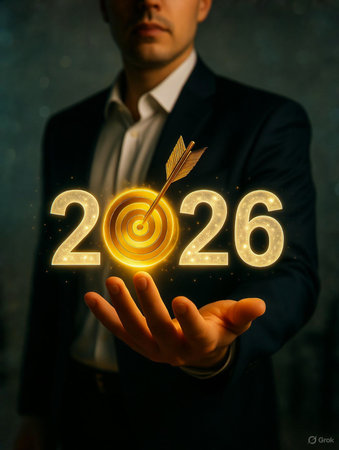 Man holding the year 2026 with a target in the centerの素材