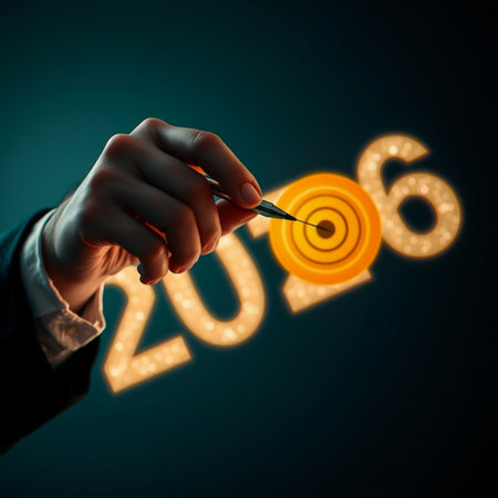 Hand aiming dart at target representing the year 2016の素材