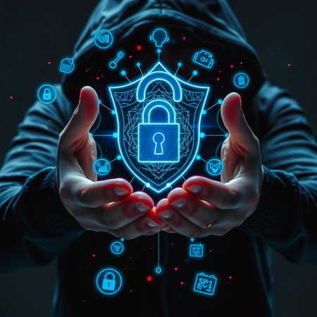 Hacker holding glowing digital shield with padlock and security iconsの素材