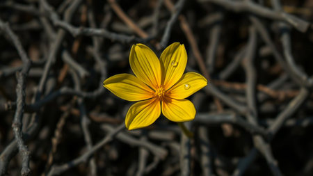 Single yellow flower blooming amongst dark twigs and branchesの素材
