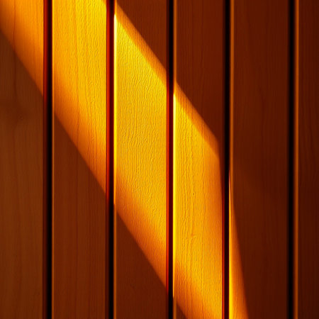 Warm sunlight streaking across vertical wooden planksの素材