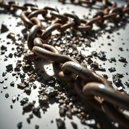 Heavy rusty metal chain broken and scattered on the groundの素材