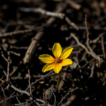 A single vibrant yellow wildflower blooms in a dry forest floorの素材