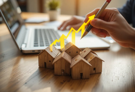 Person using laptop and drawing on miniature houses with fire effectの素材