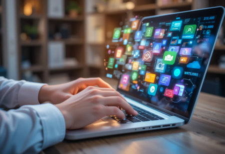 Person typing on laptop with colorful app icons emerging from screenの素材