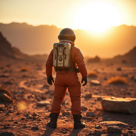 Astronaut standing on mars looking at a beautiful sunsetの素材