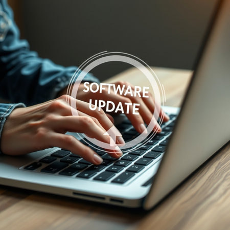 Hands typing on a laptop with a software update notificationの素材